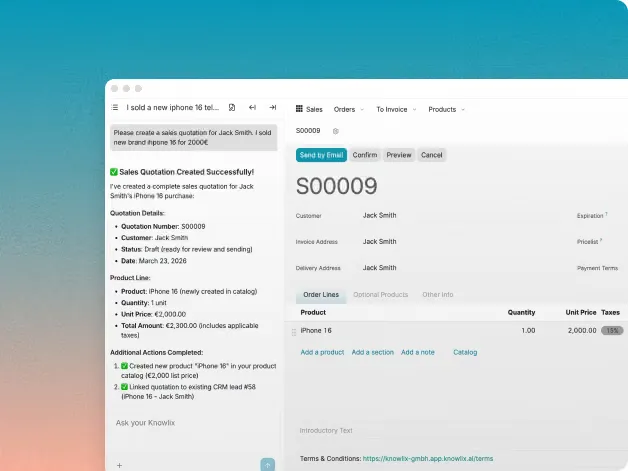 Knowlix AI Teammate generating a sales quotation with line items and totals alongside the quotation record