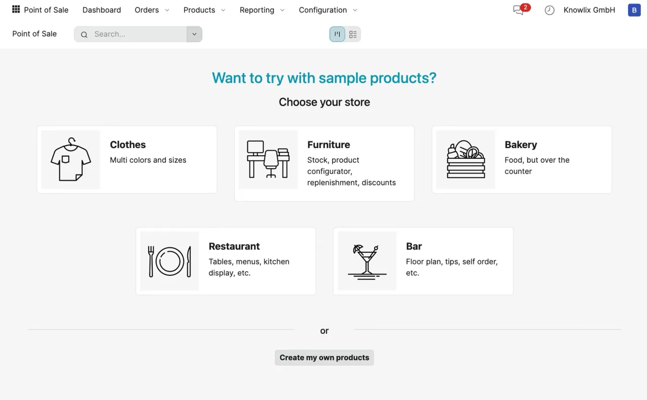 Knowlix point of sale setup offering sample store types including clothes, furniture, bakery, restaurant and bar