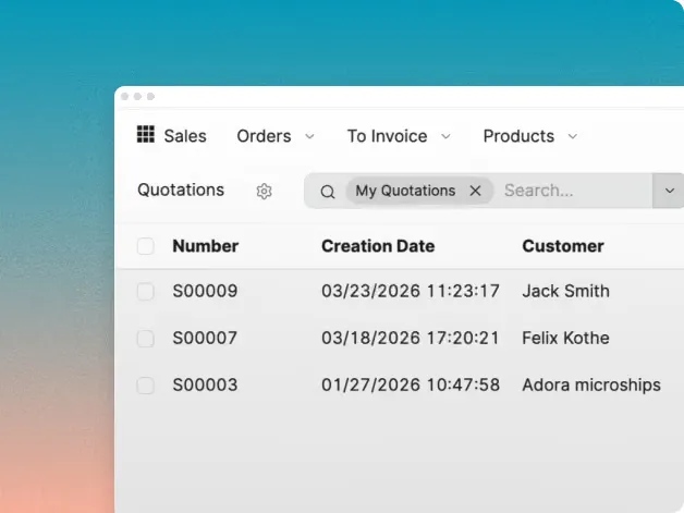 Knowlix sales quotations list showing quotation numbers, creation dates, customers, activities and totals