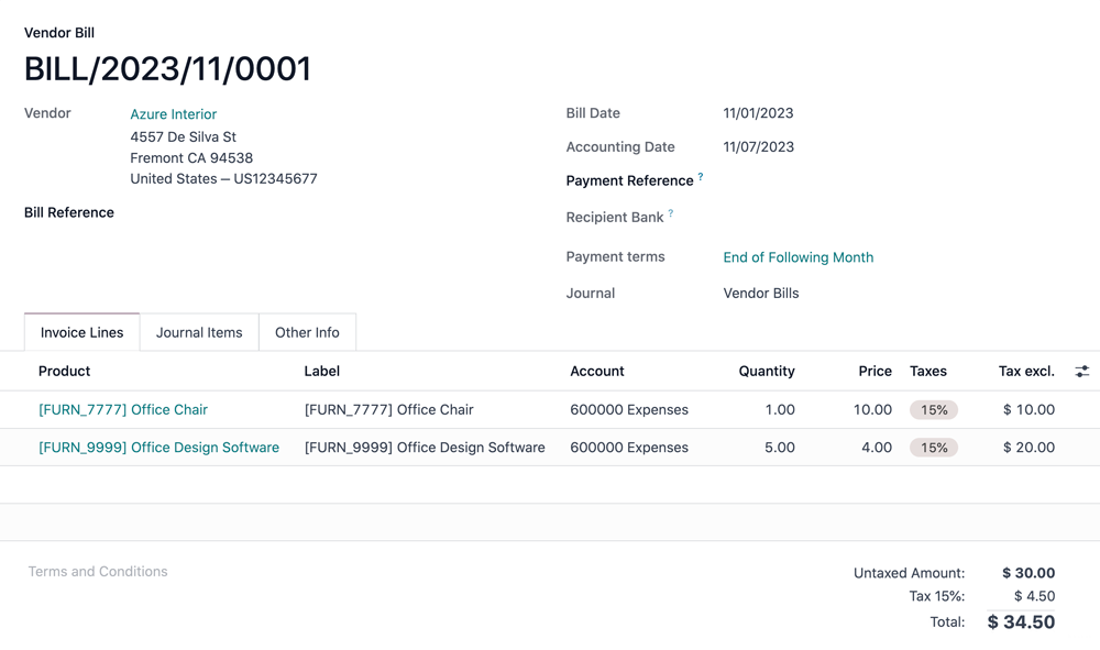 Odoo vendor bill management