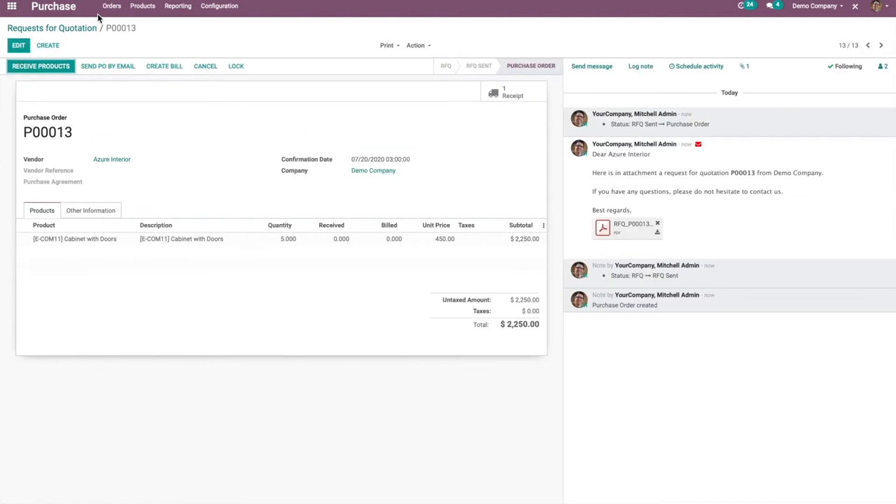 Odoo purchase order screen showing vendor, RFQ status, and product line items