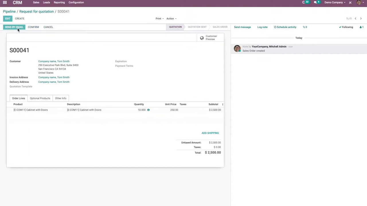 Odoo sales quotation screen showing order lines, customer address, and total pricing