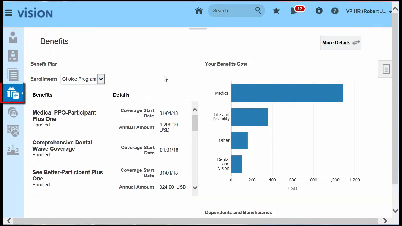 Oracle Fusion Cloud HCM employee Benefits page with enrollment details and benefits cost chart
