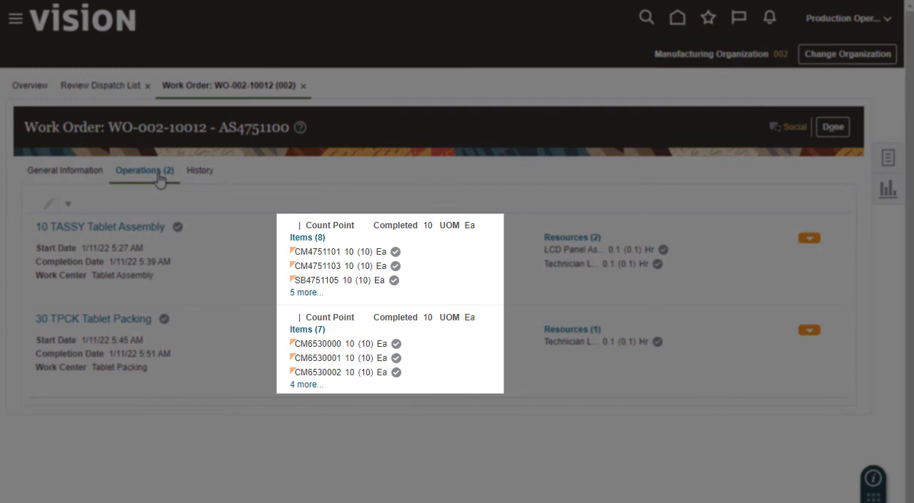 Oracle Fusion Cloud ERP Manufacturing work order screen showing operations and completed quantities