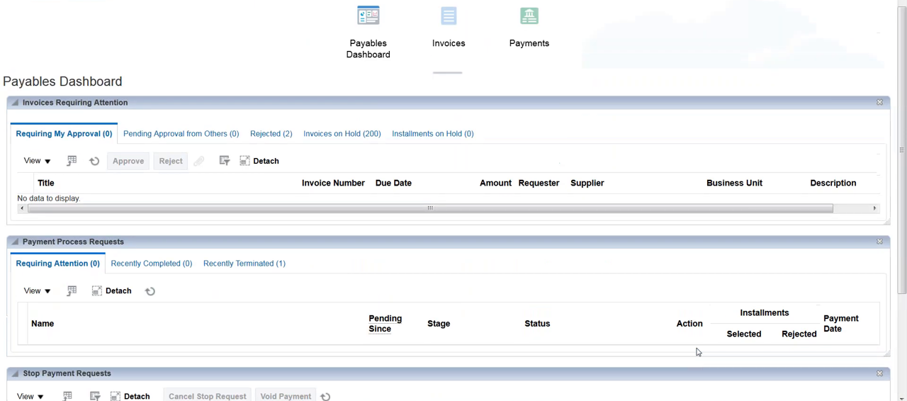 Oracle Fusion Cloud ERP Payables Dashboard showing invoices requiring attention and payment process requests