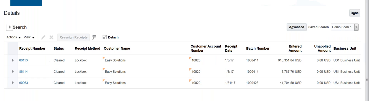 Oracle Fusion Cloud ERP Manage Receipts screen listing cleared lockbox receipts by customer