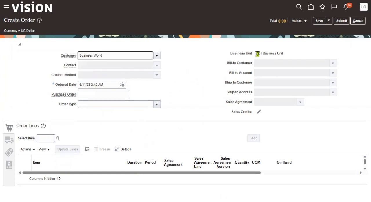 Oracle Fusion Cloud ERP Create Order screen for entering a new sales order with order lines