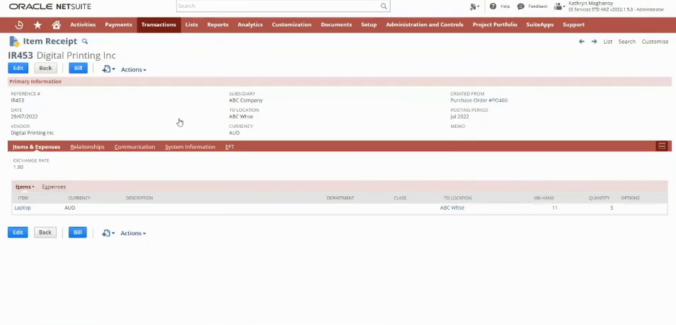Oracle NetSuite item receipt screen showing received quantities against a purchase order