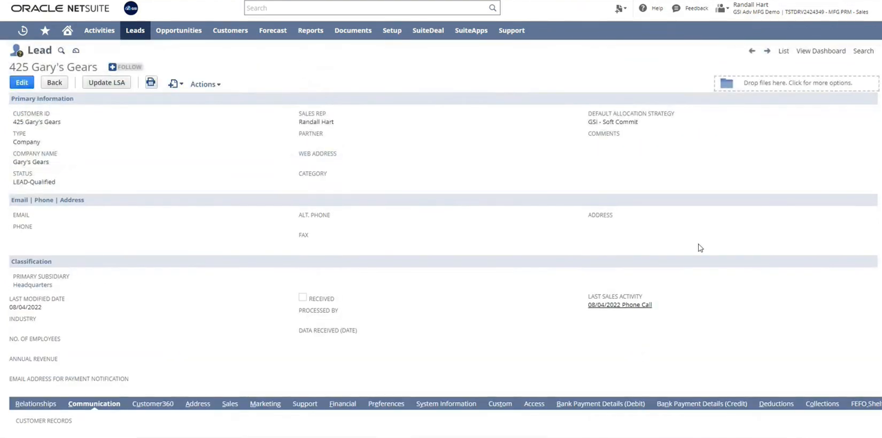 Oracle NetSuite CRM lead record showing company details and sales rep assignment