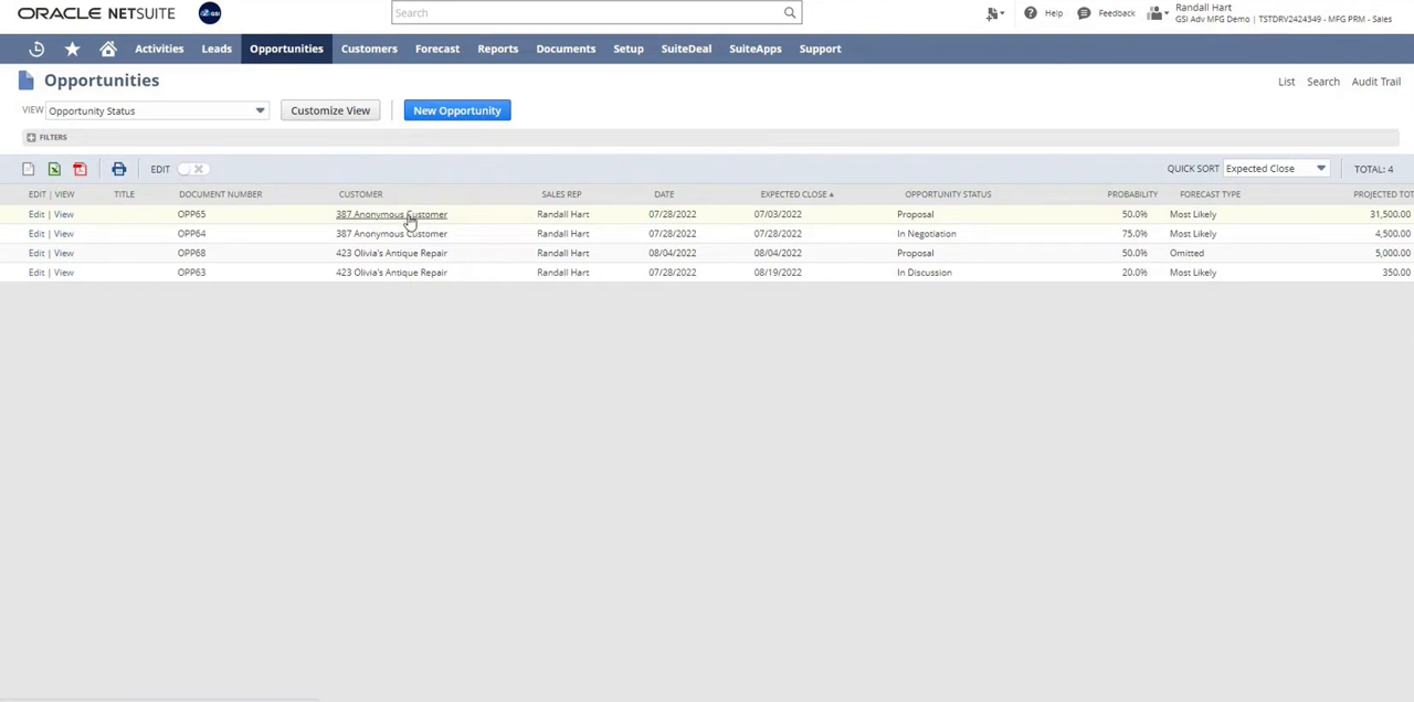 Oracle NetSuite opportunities list showing sales pipeline with probability and forecast data