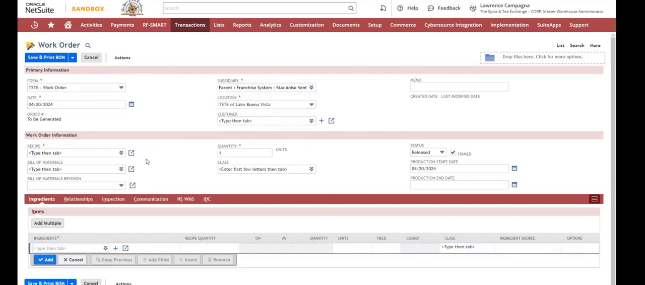 Oracle NetSuite work order screen with production dates, recipe, and ingredient list