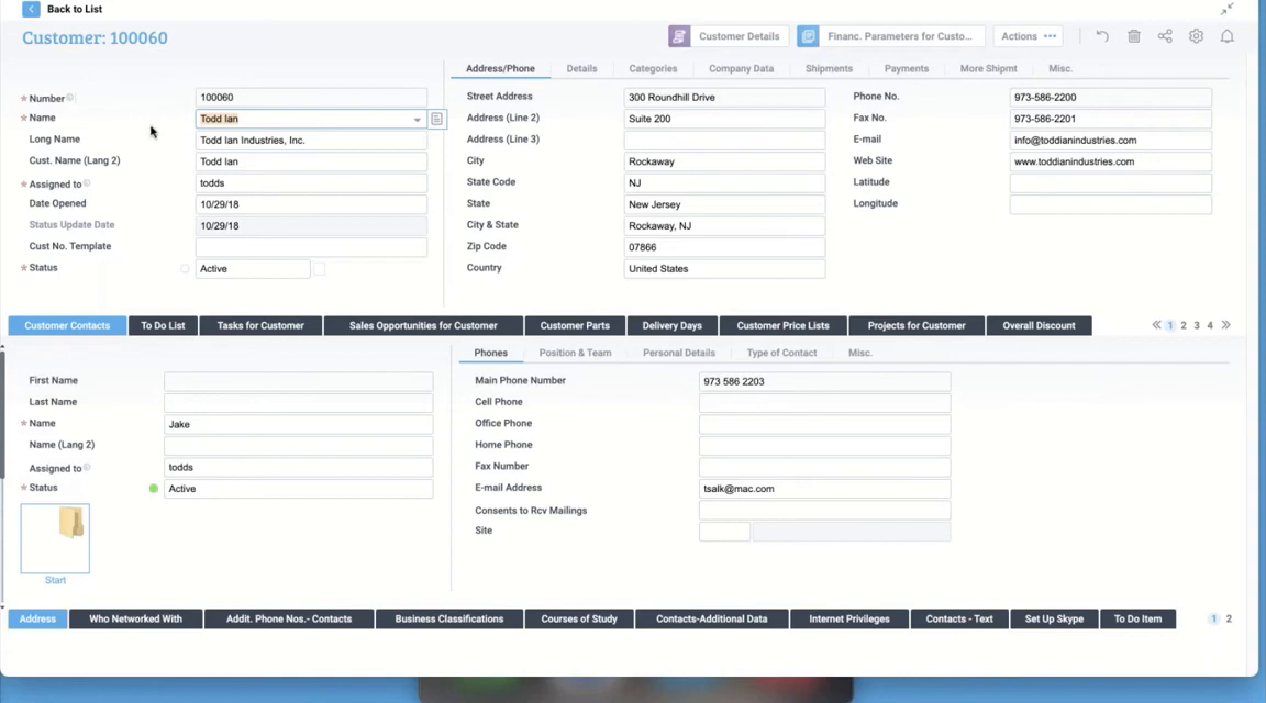 Priority ERP customer record detail screen showing address and contact fields