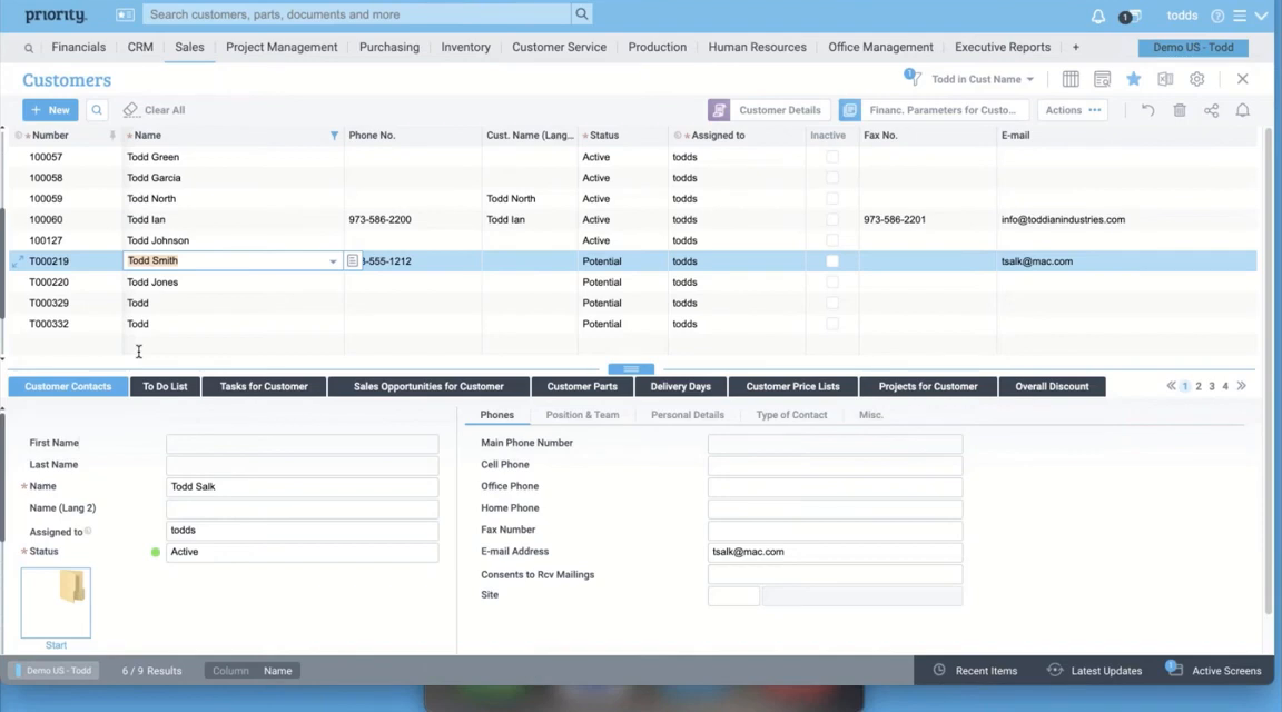 Priority ERP CRM customer list grid with contact detail panel below
