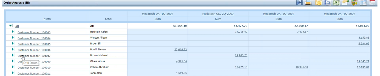Priority ERP order analysis BI report showing quarterly sales totals by customer