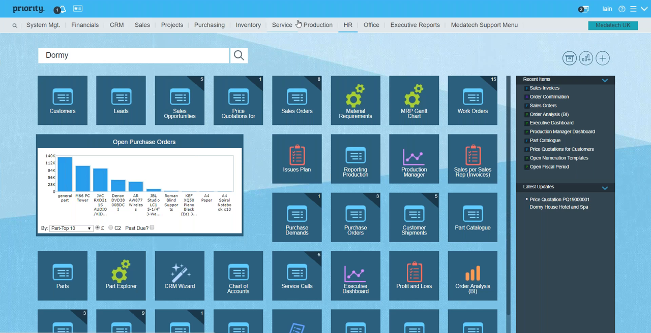 Priority ERP module navigation screen with purchasing tiles and open purchase orders chart