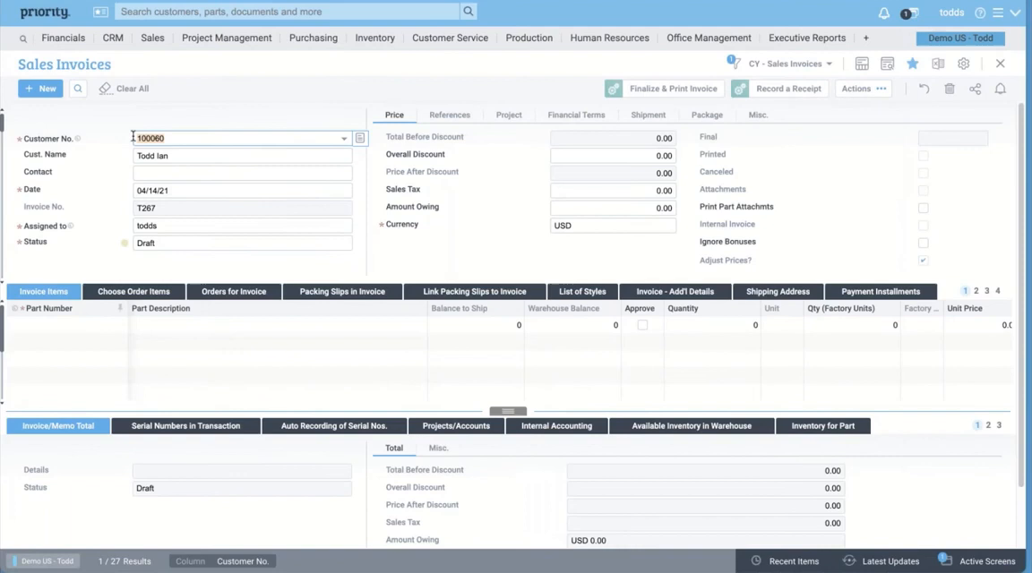 Priority ERP sales invoice entry screen with line items and financial terms tabs