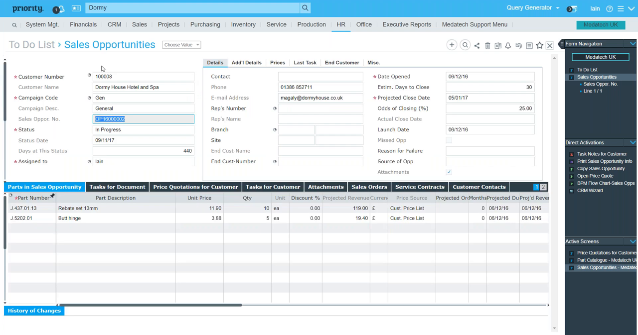 Priority ERP sales opportunity record showing pipeline status and quoted parts