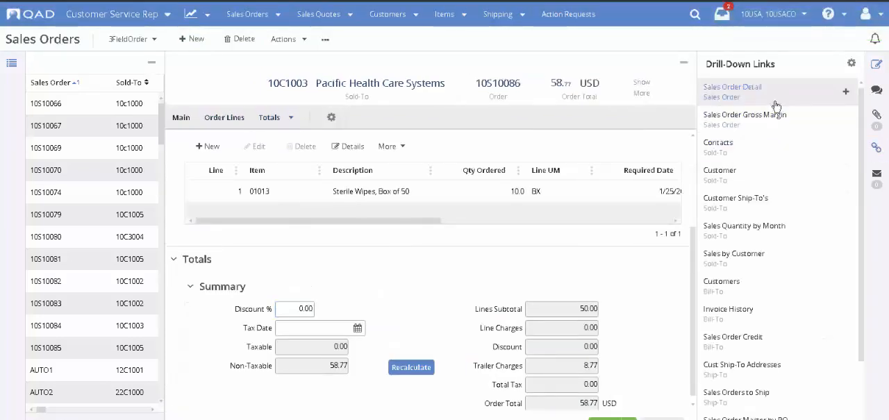 QAD Adaptive ERP sales order screen with order lines, totals, and drill-down links panel