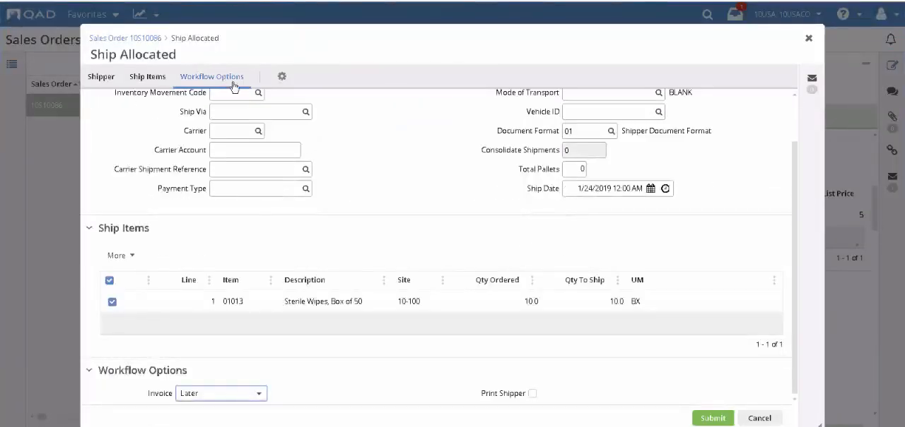 QAD Adaptive ERP Ship Allocated dialog showing shipper, carrier, and ship items workflow