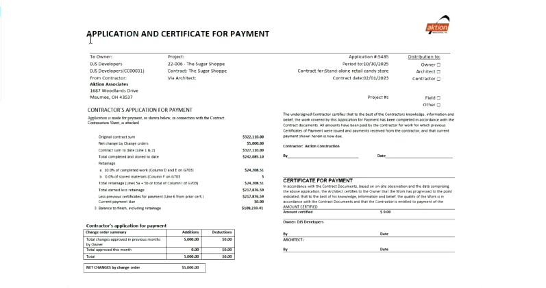 Sage Intacct generated AIA application and certificate for payment construction billing document