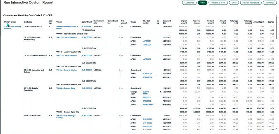 Sage Intacct interactive custom report showing commitment detail by cost code