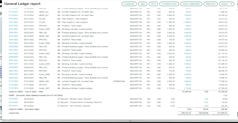 Sage Intacct general ledger report listing journal entries by bill and account