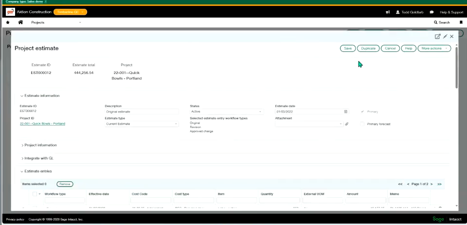 Sage Intacct project estimate form showing estimate total and line item entries
