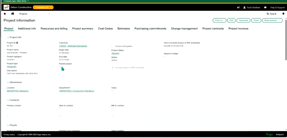 Sage Intacct project information screen with project details and dimension fields