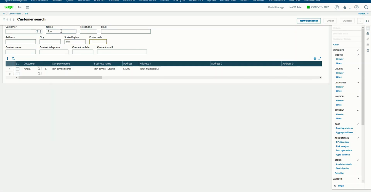 Sage X3 customer search screen with filter fields and a matching customer results grid