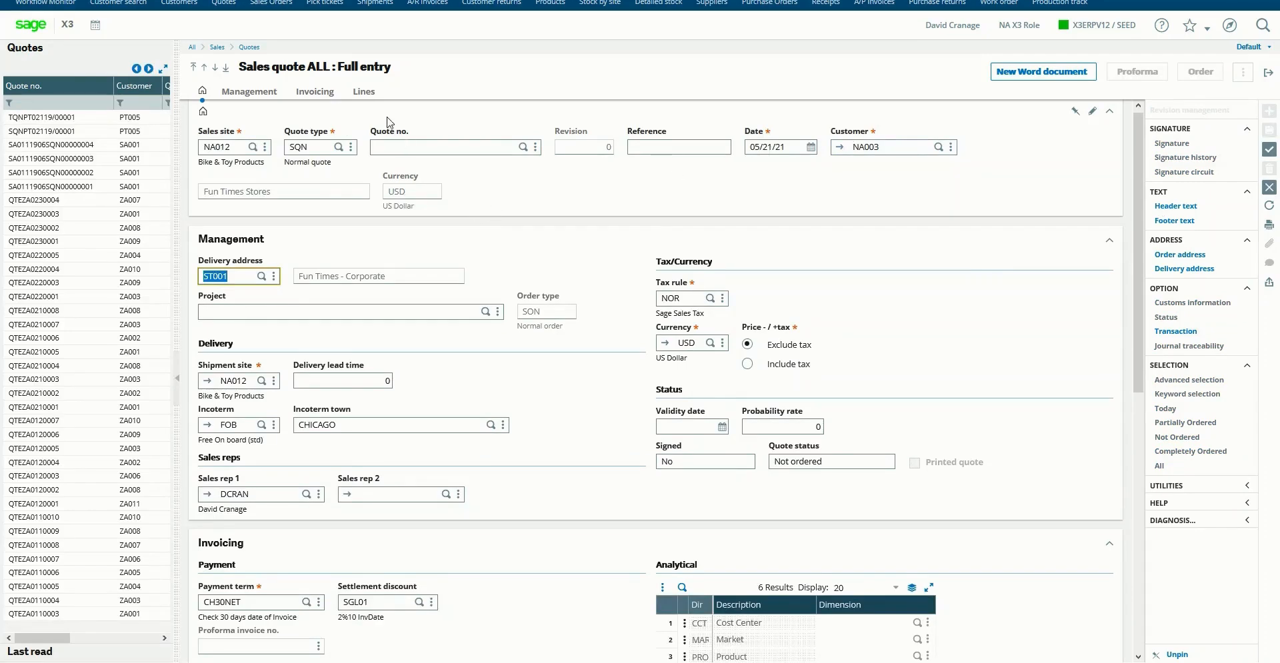 Sage X3 sales quote full entry screen with management, tax, delivery, and sales rep fields