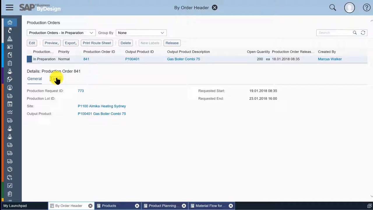 SAP Business ByDesign production order detail showing requested dates and output product