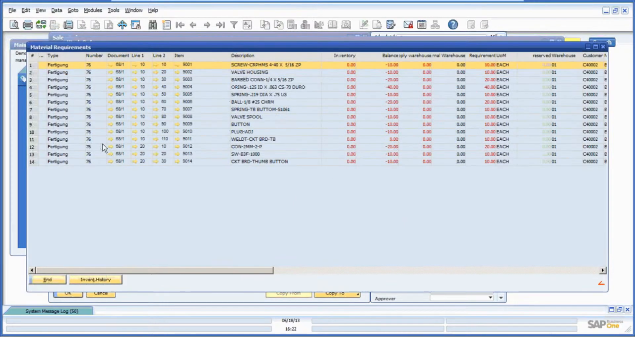 SAP Business One Material Requirements screen listing component shortages for a manufacturing order