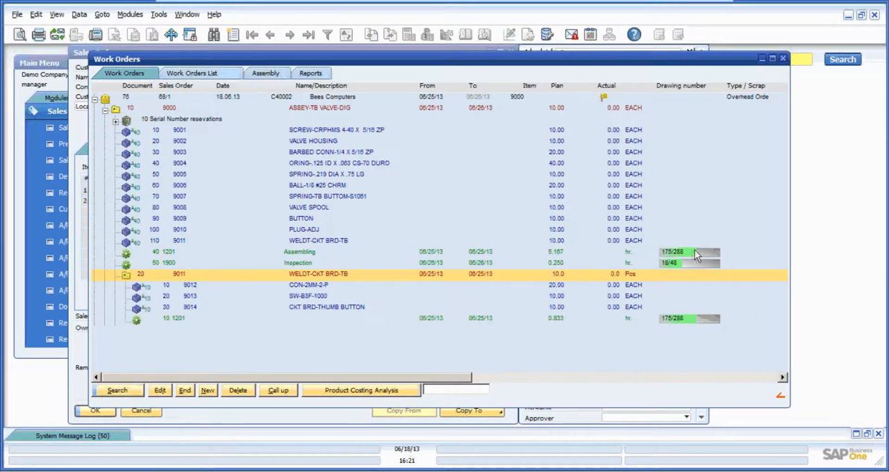 SAP Business One Work Orders screen showing a production order tree with component quantities and routing steps