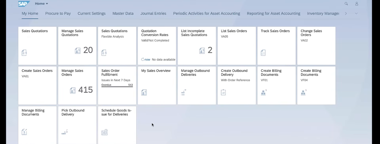 SAP S/4HANA Private Cloud (on-premise edition) Fiori launchpad home screen with sales app tiles