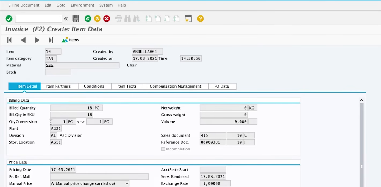 SAP S/4HANA Private Cloud (on-premise edition) invoice creation screen with billing item data