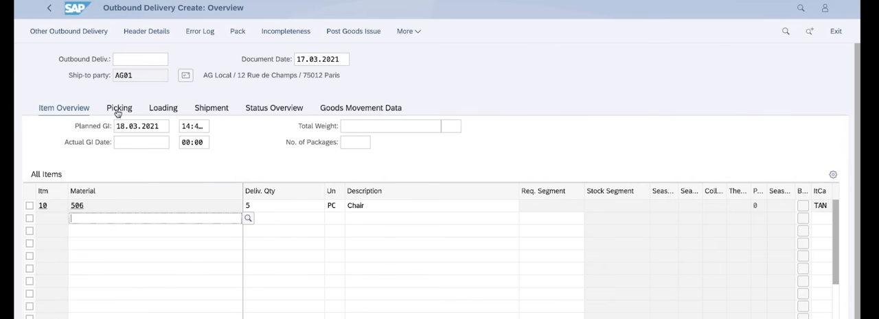SAP S/4HANA Private Cloud (on-premise edition) Fiori outbound delivery creation with item overview