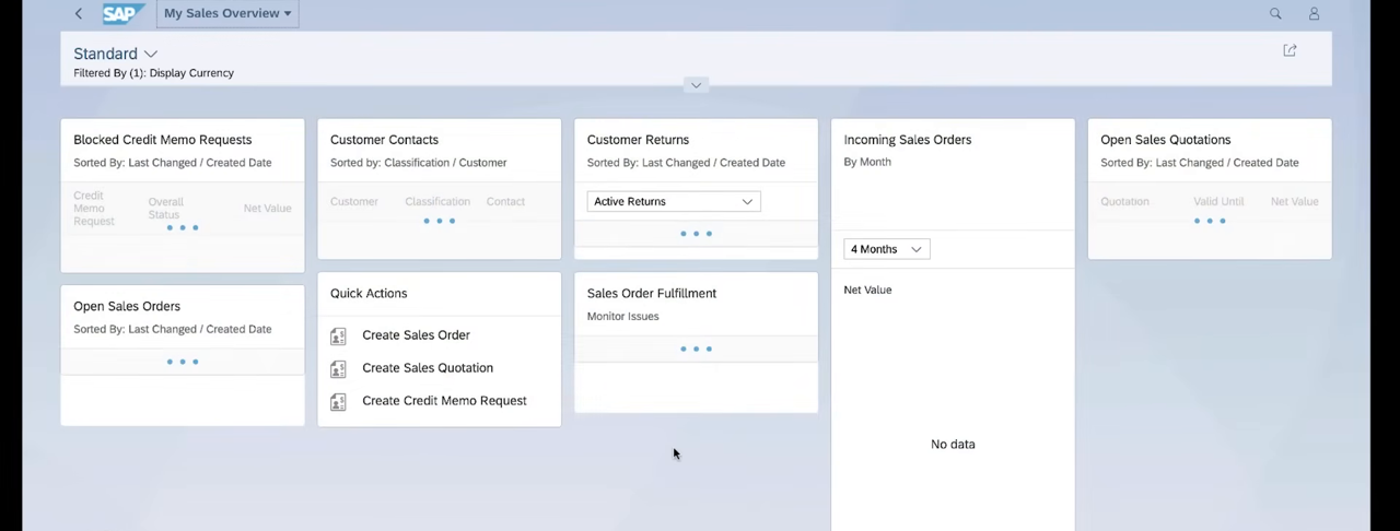 SAP S/4HANA Private Cloud (on-premise edition) sales overview analytical dashboard with KPI cards