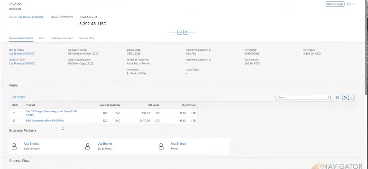 SAP S/4HANA Public Cloud billing document screen showing invoice items and business partners