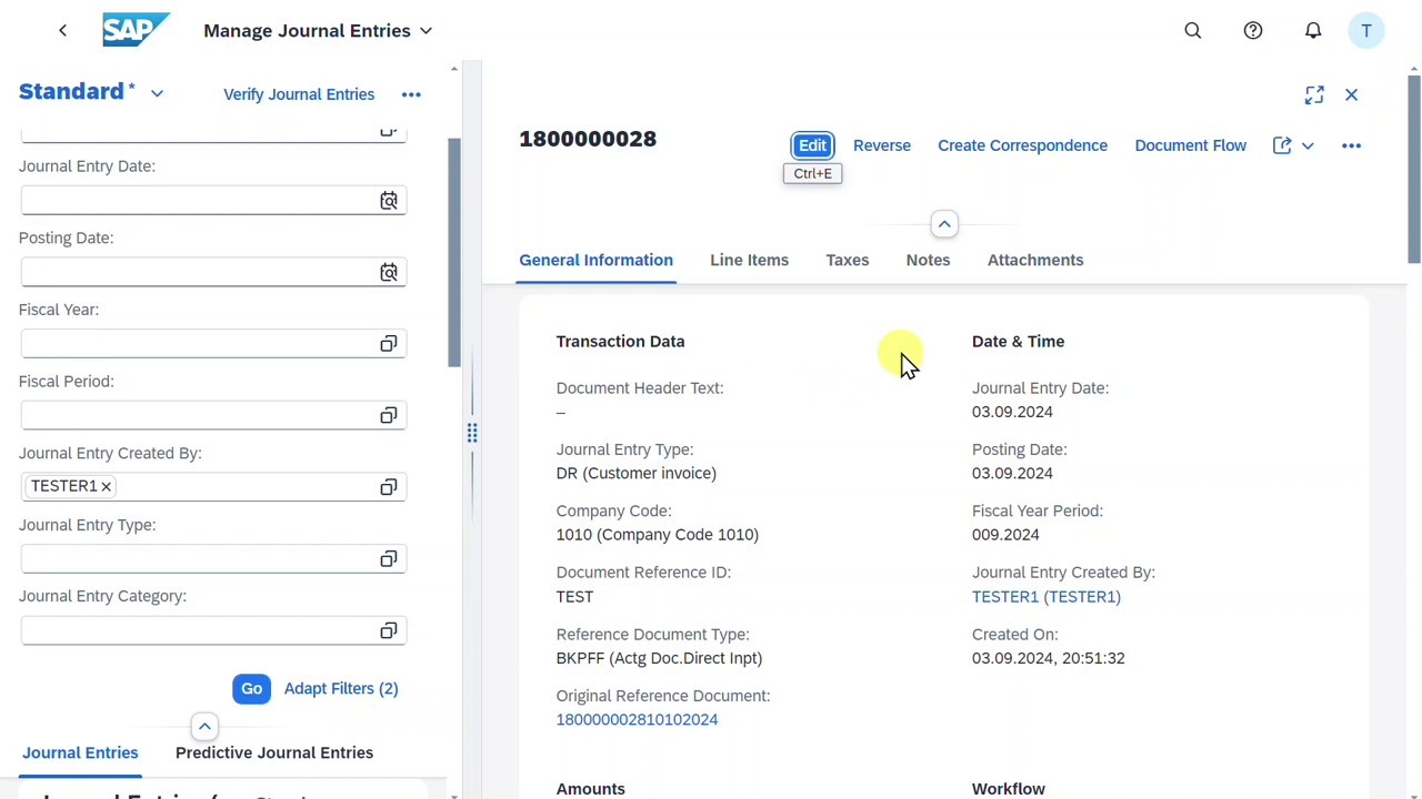SAP S/4HANA Public Cloud journal entry detail screen showing transaction data and date fields