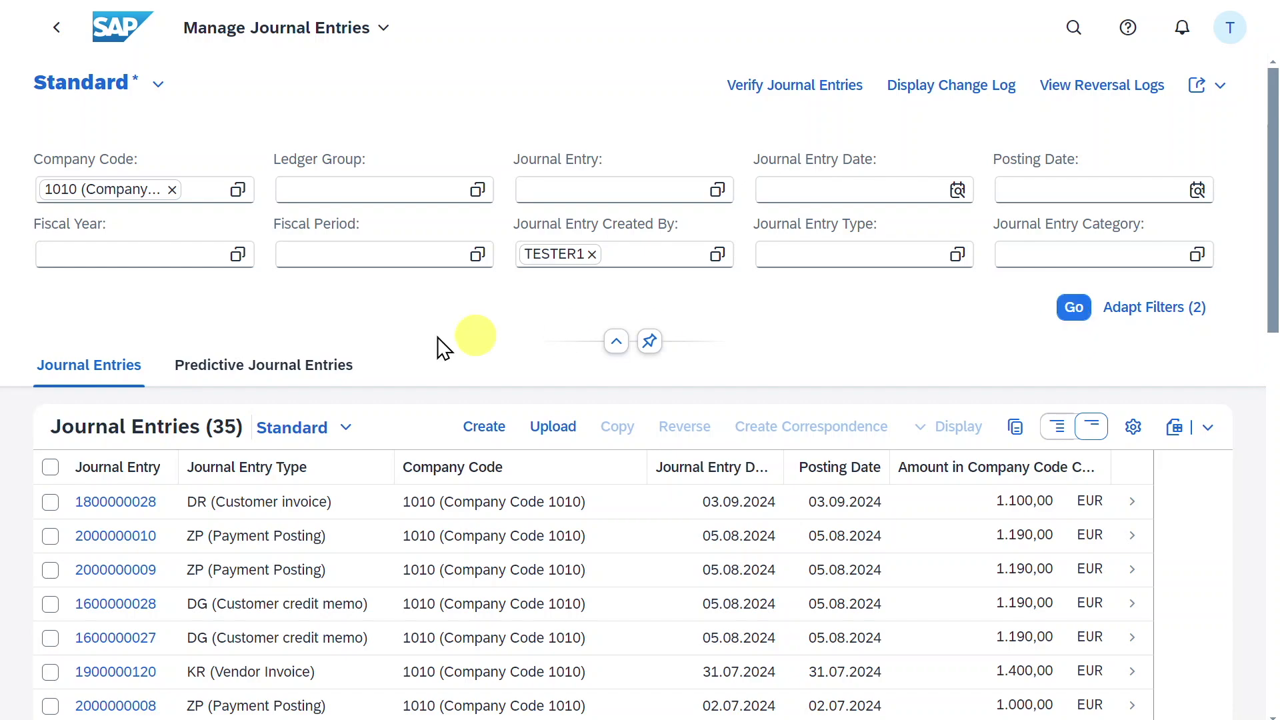 SAP S/4HANA Public Cloud Manage Journal Entries app listing posted accounting documents