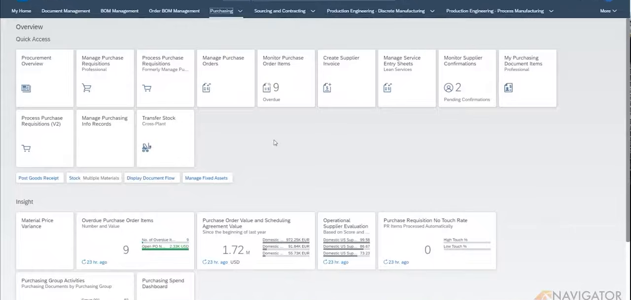 SAP S/4HANA Public Cloud Procurement Overview page with purchasing tiles and insight cards