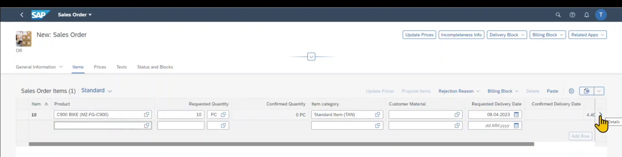 SAP S/4HANA Public Cloud new sales order screen with product line item and quantities