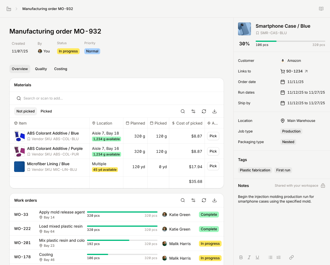 Sutton manufacturing order detail showing materials, work orders, and costing
