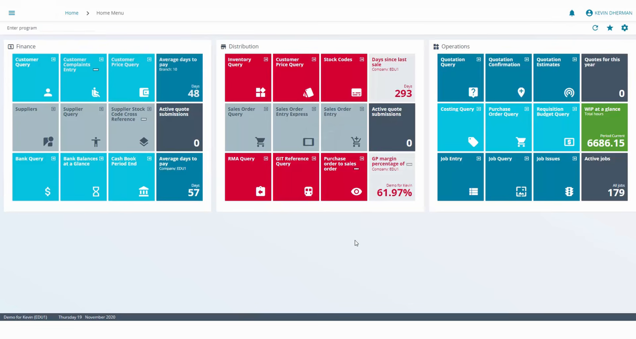 SYSPRO Avanti web interface home menu with Finance, Distribution, and Operations tile groups