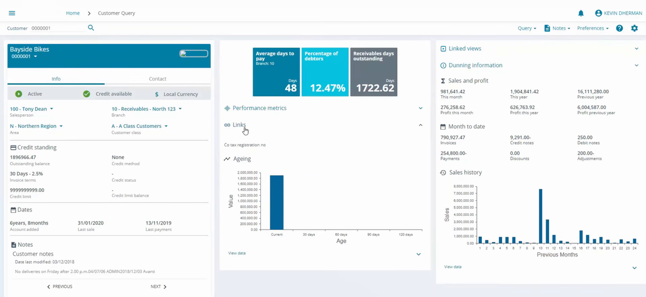SYSPRO Customer Query screen showing credit standing, ageing chart, and sales history for a customer