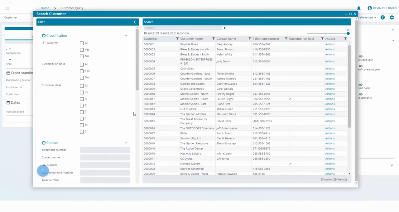 SYSPRO Search Customer screen with classification filters and a results grid of customer accounts