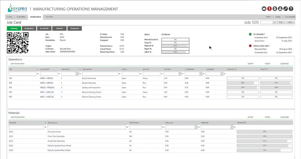 SYSPRO Job Card screen with operations list, materials list, and QR code for shop floor tracking
