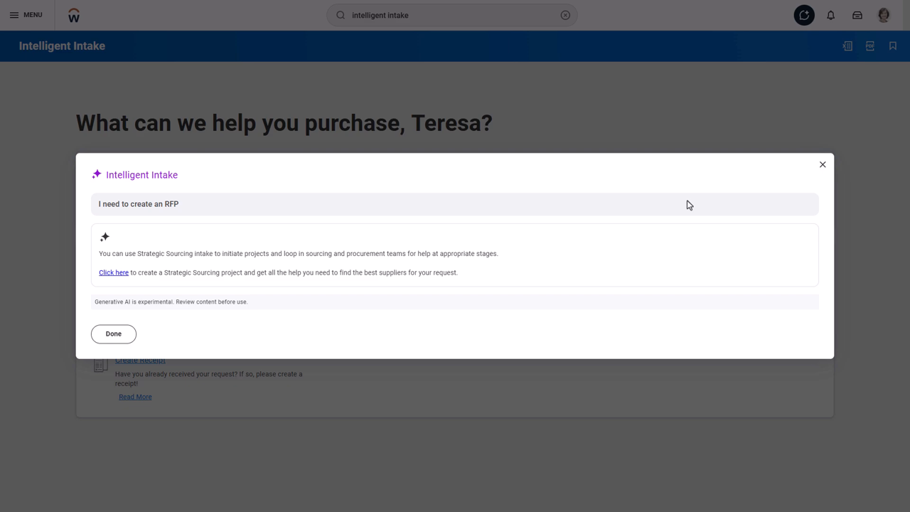 Workday Procurement Intelligent Intake AI assistant guiding a purchase request
